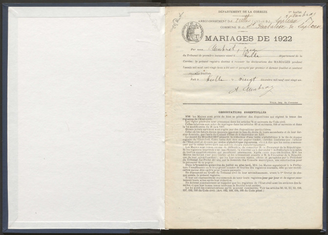 Mariages (1922-1932).