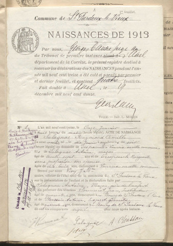 Naissances, mariages, décès (1913-1922).