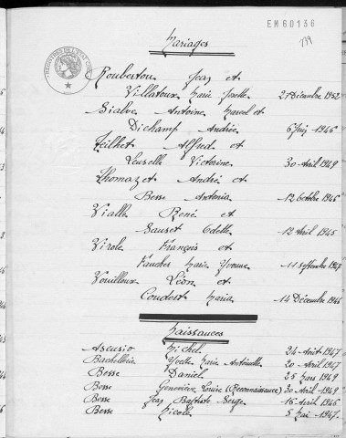 Tables décennales des naissances (1943-1952)