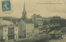 Tulle : "8 -Tulle - Quai de la République, le théâtre". Affiche apposée sur le théâtre pour la représentation de la pièce d'Henri Lavedan, Le Marquis de Priola (créée en 1902).