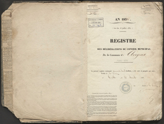 Délibérations du conseil municipal. 14 juin 1838-14 novembre 1875