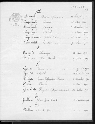 Tables décennales des naissances (1943-1952)