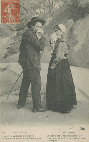 Folklore (scènes de) : "18. En Corrèze - Ca sent-il mauvais ces automobiles ! Pour sûr, ils ne font que péter tout le temps !". texte en limousin.