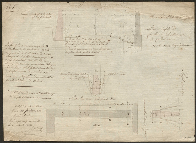 Travaux : correspondances, états des ouvrages ; dossier de situation des travaux et observations des architectes (1822-1826), dont "projet d'une fosse et des cabinets de latrines pour les maisons d'arrêt de justice et de police municipale" : plan aquarellé, couleur, papier, par Chardau [1826]
