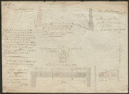 Travaux : correspondances, états des ouvrages ; dossier de situation des travaux et observations des architectes (1822-1826), dont "projet d'une fosse et des cabinets de latrines pour les maisons d'arrêt de justice et de police municipale" : plan aquarellé, couleur, papier, par Chardau [1826]