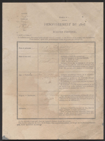 Population : feuilles de ménage. 1876