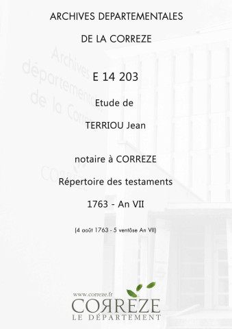 Table des testaments: 4 août 1763-5 ventôse an VII
