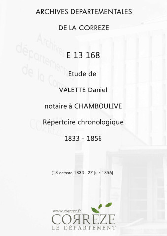 Répertoire chronologique : 18 octobre 1833-27 juin 1856
