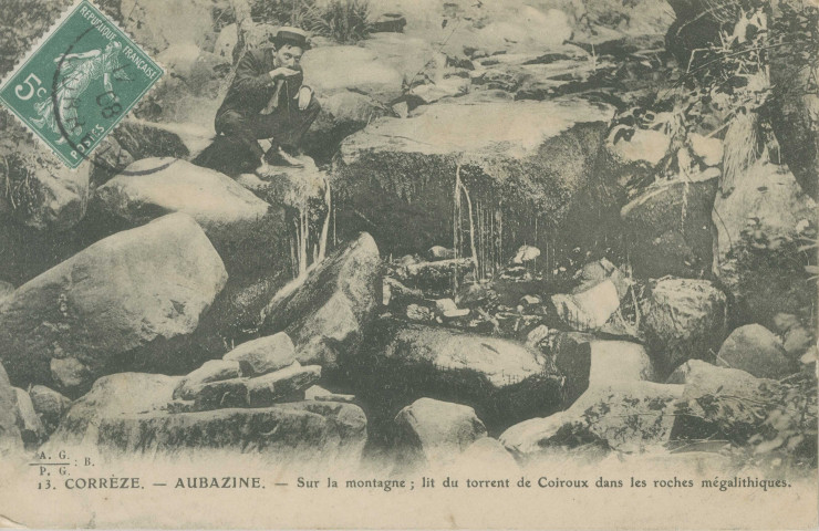 Aubazine : "13. Corrèze - Aubazine - Sur la montagne ; lit du torrent de Coiroux dans les roches mégalithiques".