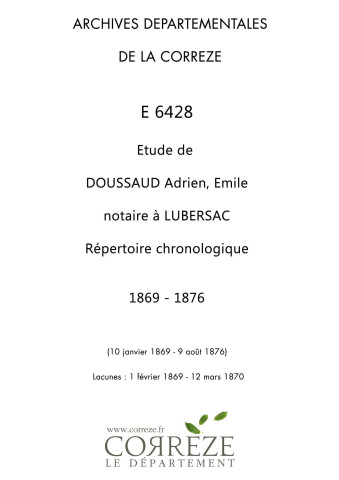 Répertoire chronologique : 10 janvier 1869-9 août 1876