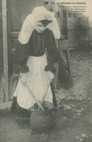 Folklore : "38 - La châtaignas do limouzino - En moun depouerodou Bouéré ma châtaignas Que per lou morendou Nons forant régola".