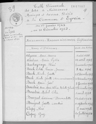 Tables décennales des naissances (1943-1952)