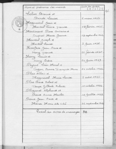 Tables décennales des mariages (1933-1942)
