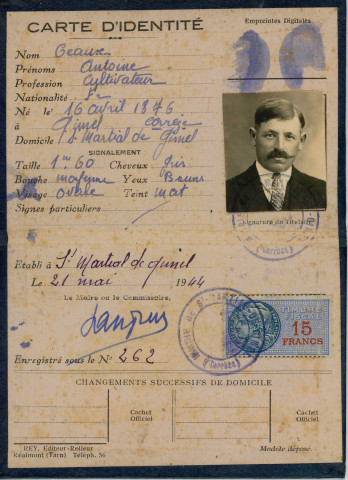 Carte d'identité d'Antoine Ceaux.