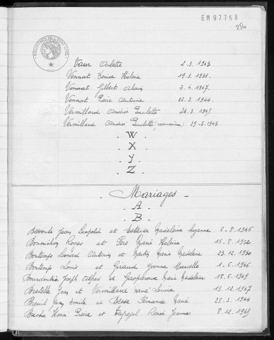 Tables décennales des mariages (1943-1952)