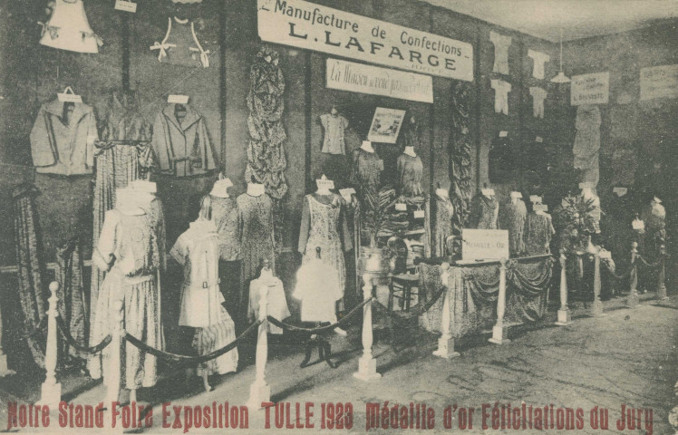Tulle : "Manufacture de confections L. Lafarge - Brive - Notre stand foire exposition Tulle 1923 - Médaille d'or - Félicitations du jury".