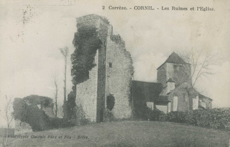 Cornil : "2 Corrèze.- Cornil. - Les ruines et l'église.".