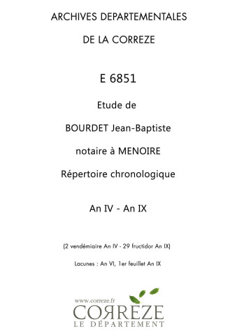 Répertoire chronologique : 2 vendémiaire an IV-29 fructidor an IX