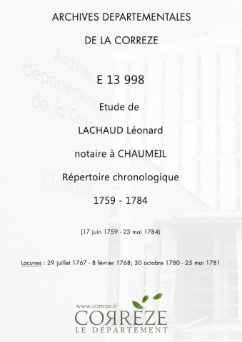 Répertoire chronologique : 17 juin 1759-23 mai 1784