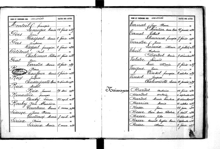Tables décennales des mariages (1883-1892)