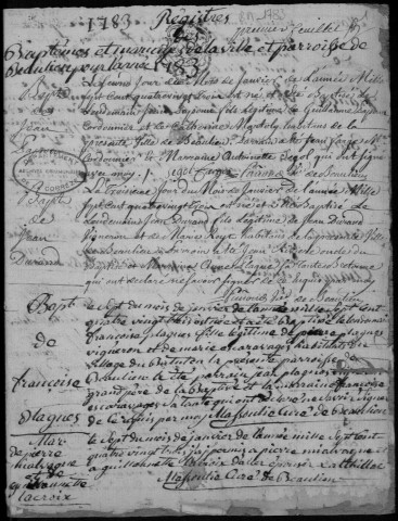 Baptêmes, mariages, sépultures (1783-1792)