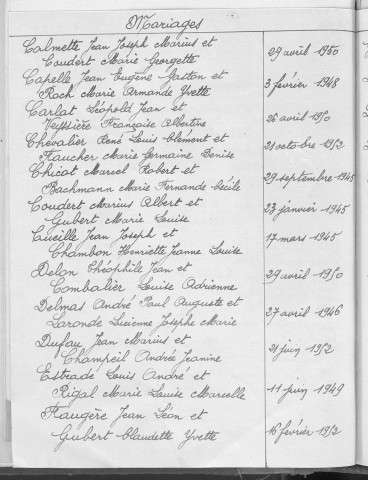 Tables décennales des mariages (1943-1952)