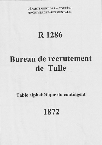 Classe 1872 : table alphabétique du contingent.