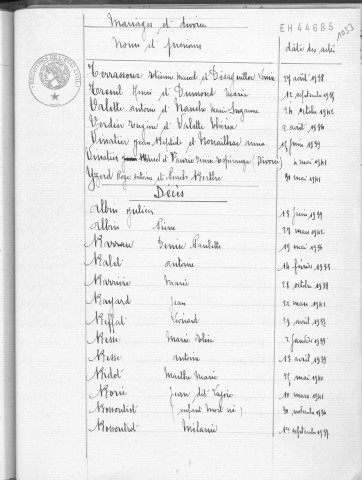 Tables décennales des décès (1933-1942)