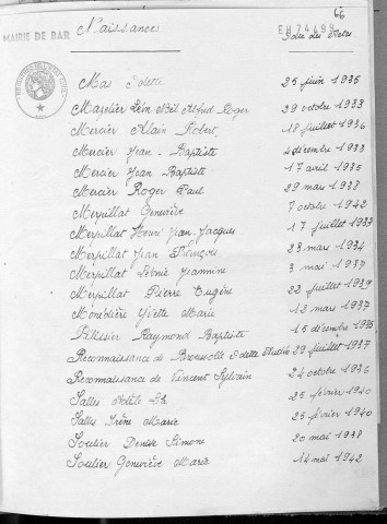 Tables décennales des naissances (1933-1942)