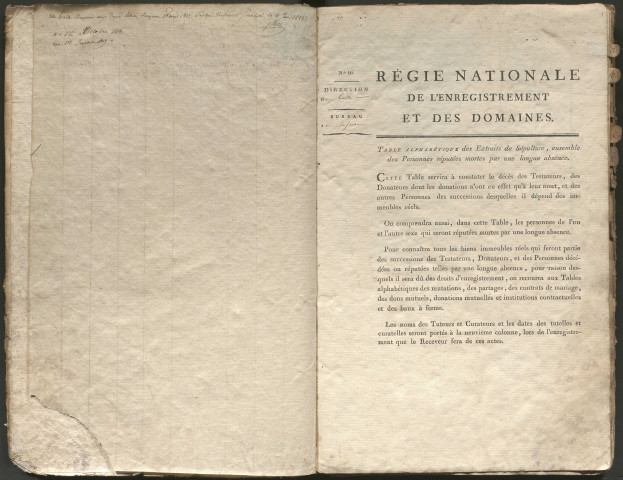 Table alphabétique des testaments et donations des personnes réputées mortes par une longue absence.