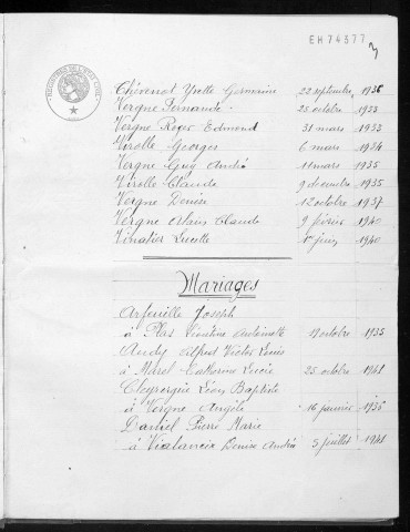 Tables décennales des mariages (1933-1942)