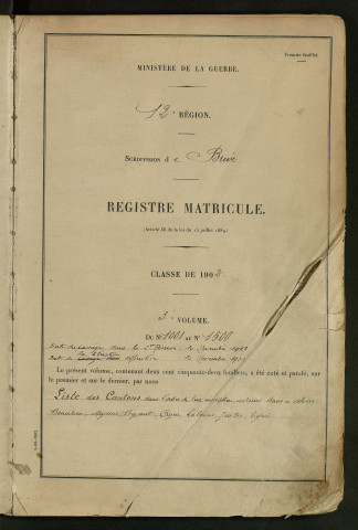 Classe 1902 : matricules 1001 à 1500.