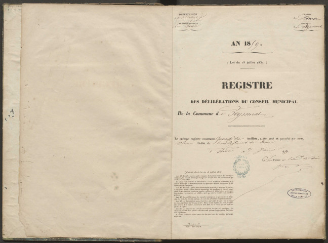 Délibérations du conseil municipal. 6 novembre 1859-14 mai 1874