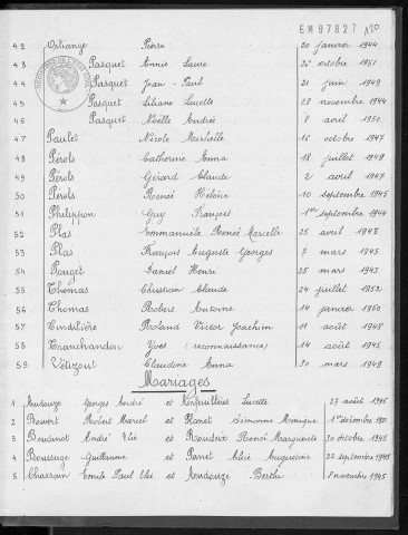 Tables décennales des naissances (1943-1952)