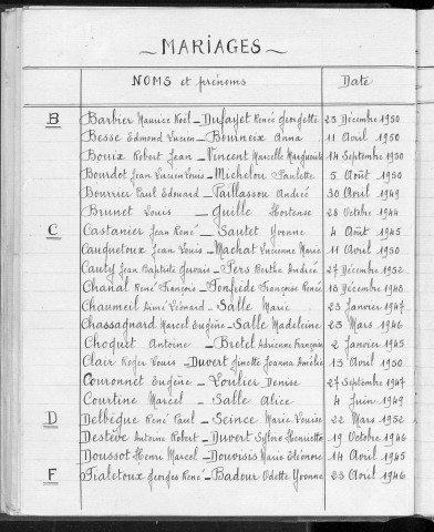Tables décennales des mariages (1943-1952)
