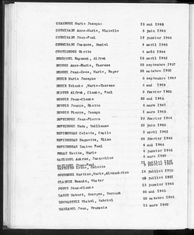 Tables décennales des naissances (1943-1952)