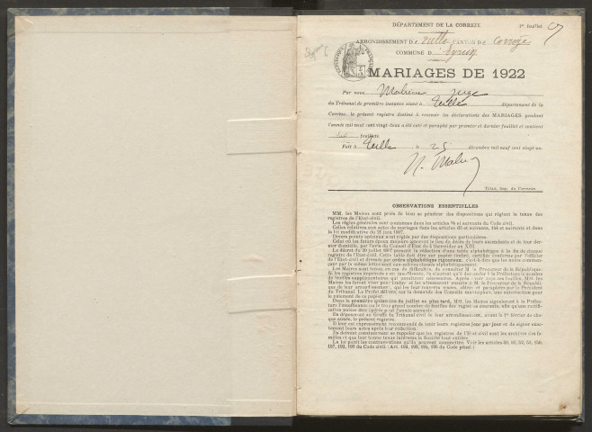 Mariages (1922-1932).