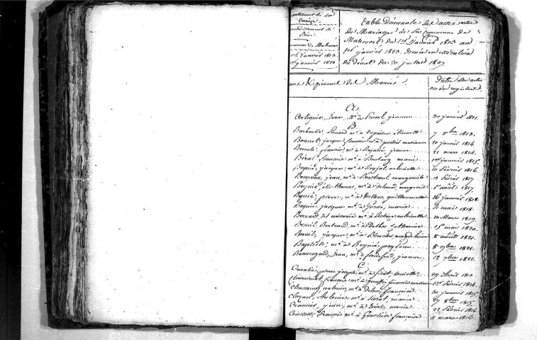 Tables décennales des mariages (1813-1822)