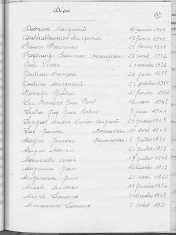 Tables décennales des décès (1943-1952)