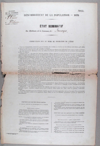 Population : listes nominatives (1876-1896), mouvements de population (1888).