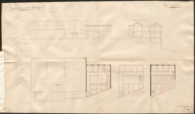 Travaux : rapport, correspondances, règlements, divers plans par Chardau (1822-1826) joint à un dossier de 1831 ; affaire Jouvenel [entrepreneur] (1830-1831) ; dossier approvisionnement en eau, fontaines dont plans aquarellés sur papier par Lanck (prison de Tulle, ancien plan des lieux et nouveau plan des lieux et château d'eau pour l'école de la maternité et la prison) (1834-1850).