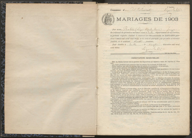Mariages (1903-1921).