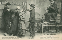 Folklore (scènes de) : "51 - En Corrèze - La bourrée - Ils sont beaux les garçons sur le plancher, comme les corbeaux sur le noyer". texte en limousin.