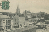 Tulle : "8 -Tulle - Quai de la République, le théâtre". Affiche apposée sur le théâtre pour la représentation de la pièce d'Henri Lavedan, Le Marquis de Priola (créée en 1902).