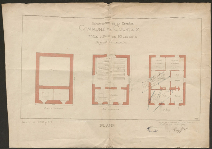 Édifices et travaux.- Maison d'école. Eglise. Presbytère. Cimetière ; concessions. Mairie.
