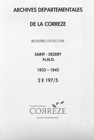 Naissances, mariages, décès (1833-1842)