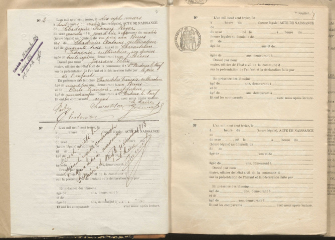 Naissances, mariages, décès (1913-1922).