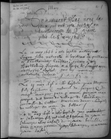 Baptêmes (10 mai 1646-22 octobre 1646), mariages (27 mai 1646-3 novembre 1667), sépultures (8 mai 1646-1667).