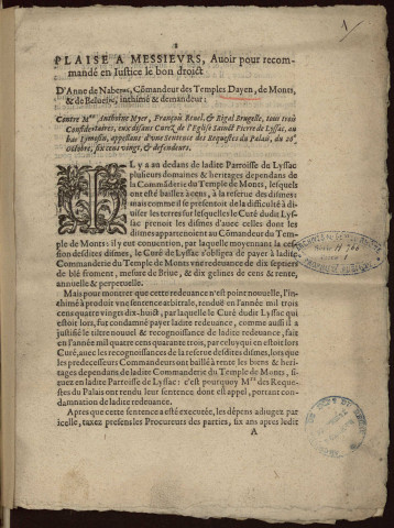 Procédure au sujet des dîmes de la paroisse de Lissac.
