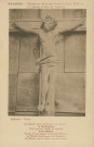 Saint-Angel : "St-ANGEL - Christ en bois sur croix en bois (XVIe s.) - Le repos après le travail - Le Christ vient d'achever son oeuvre : la Rédemption, Tel l'ouvrier après le travail, il se repose. Visage d'une beauté et sérénité divine. Le Christ douloureux est classique : le Christ qui se repose est une rareté".